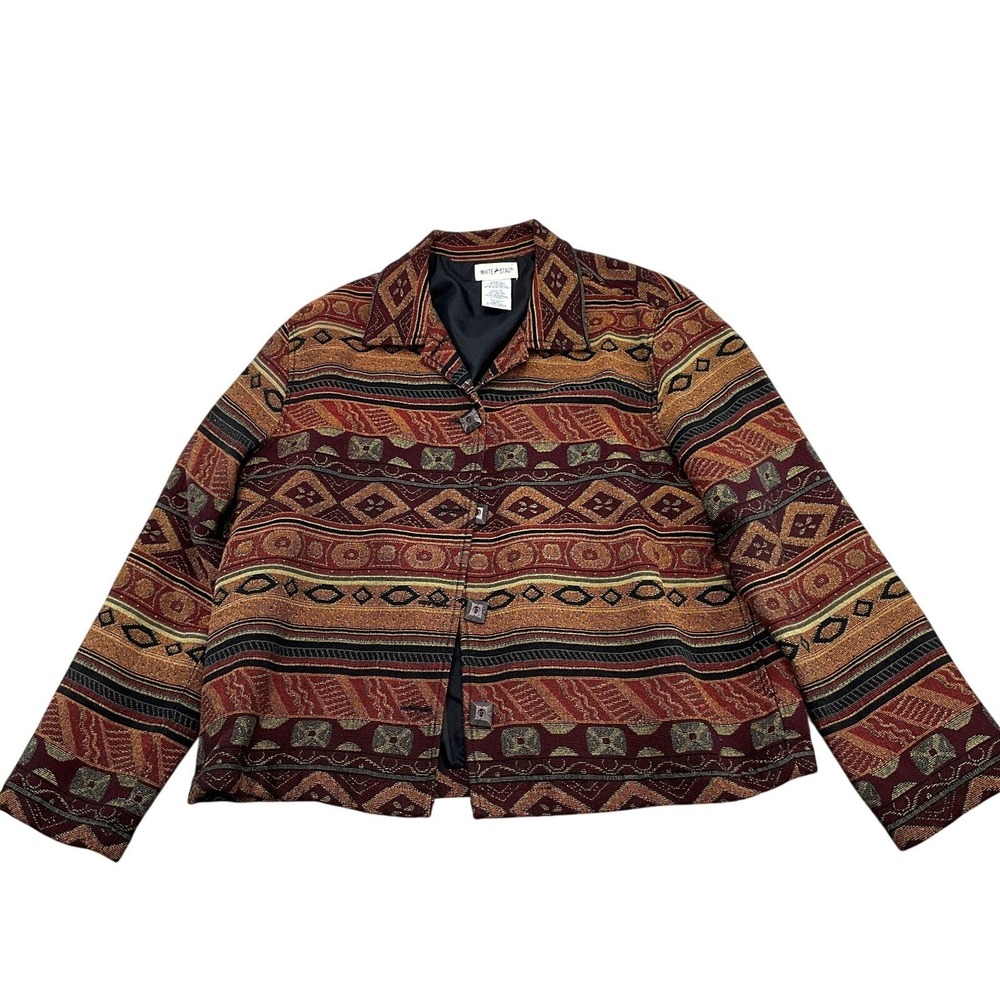 White Stag Jacket Womens Large Burgundy Brown Boho Tapestry Grandmacore Woven